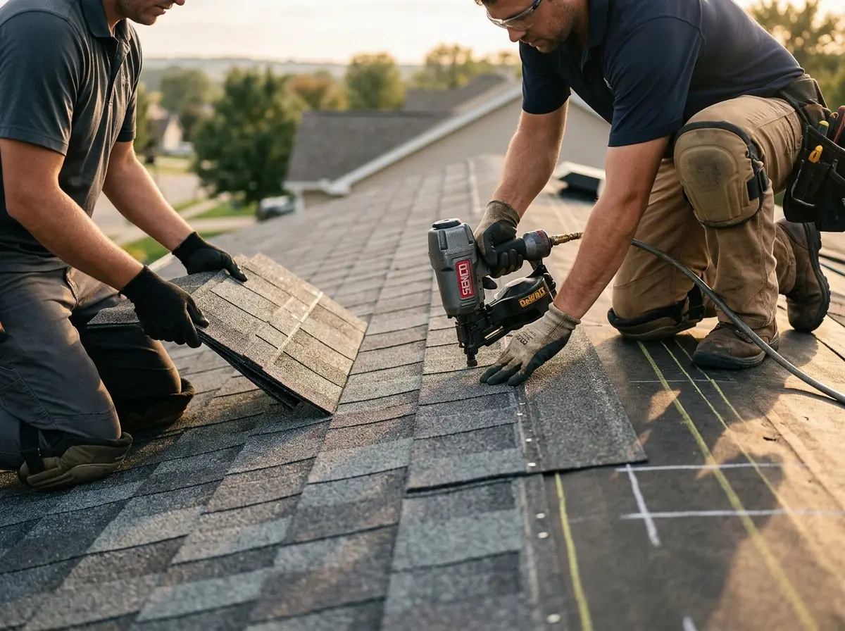 Professional roofer working on a residential roof in Clemmons